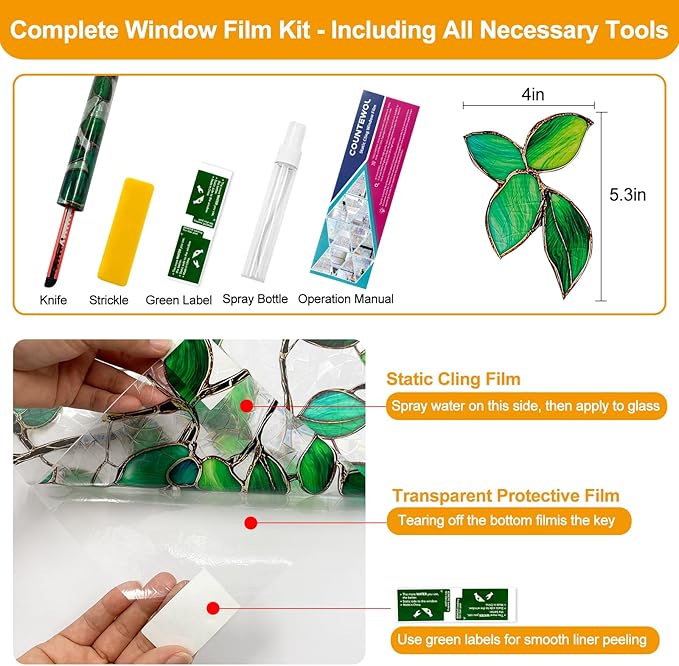 Window Privacy Film Stain Glass Window Film Rainbow Window Film Window clings Non-Adhesive Reusable Decorative for Room (Greenery Leaf, 45.2 x 78.7 in)