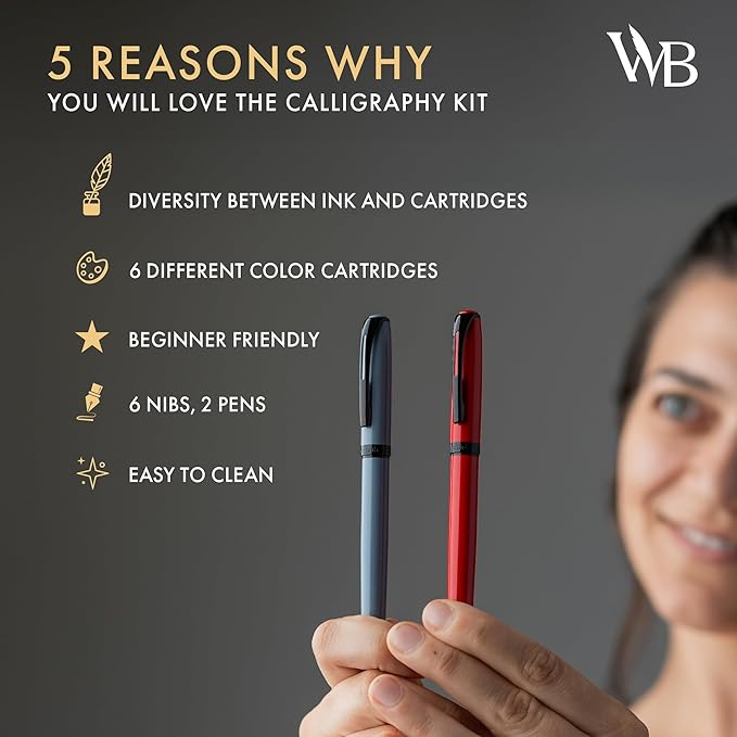 Wordsworth and Black Calligraphy Pen Set - Grey - Includes 2 Calligraphy Pens, 18 ML Ink Bottle, 60 Ink Cartridges, Ink Refill Converter, 1 Medium and 4 Broad Nibs, Brush Pen