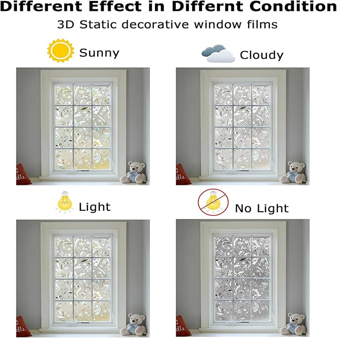 LEMON CLOUD Window Film, Decorative Window Privacy Film, 3D Stained Glass Window Sticker,Anti-UV Sun Blocker Heat Control for Home(Rainbow Tulip Design,17.5 x 78.7 inches)