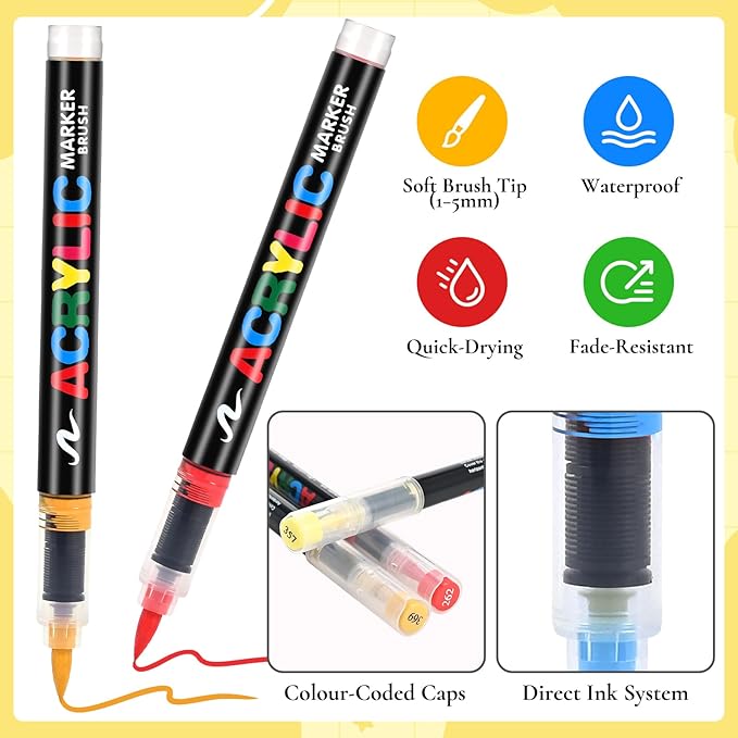 120 Colors Acrylic Paint Markers, Soft Brush Tip Pens with Direct Ink System for Rock, Wood, Fabric, Canvas, Glass, Waterproof Paint Pens for DIY Crafts, Kids & Artists
