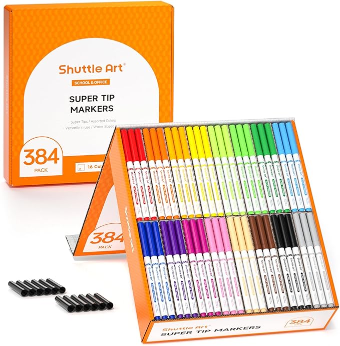 Shuttle Art 384 Pack Washable Super Tips Markers, 16 Assorted Colors Conical Tip Large Markers Bulk with a Box, Bonus Caps, Home Classroom School Supplies for Toddlers Kids Adults Students Teachers