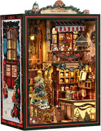 Book Nook Kit - DIY Miniature Dolls House Kit with Furniture and LED Light, 3D Puzzle Wooden Art Bookends, Model Kits for for Adults and Teens (Christmas Shop)