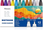 Jumbo Graffiti Poster Markers Set: 12 Metallic Colors Large 15mm Wide Tip Permanent Ink Thick Acrylic Paint Pens for Rock Painting, Stone, Glass, Wood, Ceramic, Metal, Plastic, Fabric