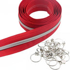 Leekayer #5 Silver Metallic Teeth Nylon Coil Zippers by The Yard Bulk 10 Yards Red Zipper Tape with 25pcs Silver Ring Pull Sliders for DIY Sewing Tailor Craft Bag(Red)