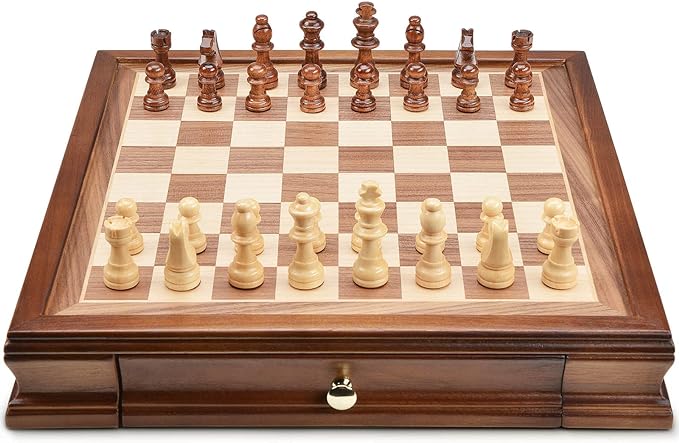 AMEROUS 12.8" x 12.8" Magnetic Wooden Chess Set with 2 Built-in Storage Drawers - 2 Bonus Extra Queens - Gift Packaging - Staunton Chess Pieces, Board Games Chess Sets for Adults and Kids