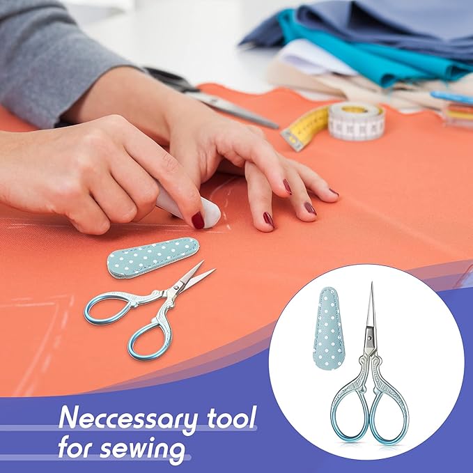 Honoson 4 Pcs Sewing Embroidery Scissors with 4 Pcs Artificial Leather Cover 3.6 Inch Stainless Steel Stork Scissors Vintage Embroidery for Needlework Manual Sewing Handicraft(Fresh Colors)