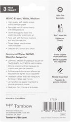 Tombow 57324 MONO Eraser, White, Medium, 3-Pack. Cleanly Removes Marks Without Damaging Paper