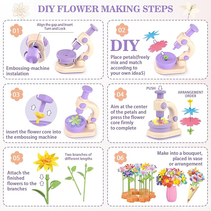 Fabric Flower Bouquets Toys, DIY Arts and Crafts Toys for Kids 4-8, Making Kit Build Own Bouquet, DIY Educational Activities Flower Making Kit Toys for Toddlers, Birthday Gifts for Girls