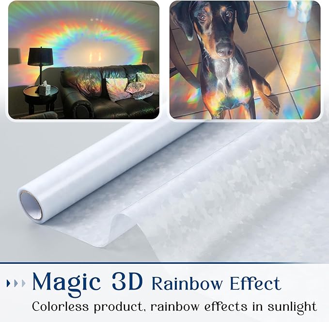 Haton Window Privacy Film, Rainbow Stained Glass Window Clings, 3D Decorative UV Sun Blocking Sticker, Removable Static Cling Heat Control Tint for Home Door, 35.4" x 157.4" Non-Adhesive