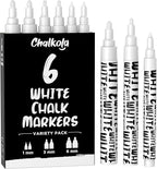Chalkola White Chalk Markers - White Dry Erase Liquid Chalk Pens for Chalkboard, Blackboard, Window, Bistro, Car Glass, Board, Signs - Variety Pack of 6 - (2x) 1mm, 3mm & 6mm