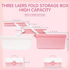 12in Three-Layer Multipurpose Storage Box Organizer Folding Tool Box/Art & Crafts Case/Sewing Supplies Organizer/Medicine Box/Family First Aid Box with 2 Trays (White Pink)