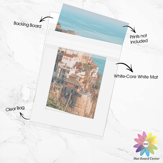 Mat Board Center, Pack of 10, 16x20 for 11x14 White Picture Mat Sets - Acid Free, 4-ply Thickness, Bevel Pre-Cut White Core - Includes Backing Boards and Clear Bags - for Pictures, Photos, Framing