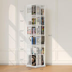 XIMN 360° Rotating Bamboo CD/DVD Shelf - 6-Tier Space-Saving Media Storage Cabinet for Movies, Organizer with Super Compact Design (White, 6 Tier)