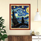 Funchey Stamped Cross Stitch Kits, DIY Cross Stitch Pattern for Adults Beginners Needlepoint Kits Embroidery Kit Arts and Crafts 11CT-Van Gogh Starry Sky Cat Admiring Moon 16x20 inchs