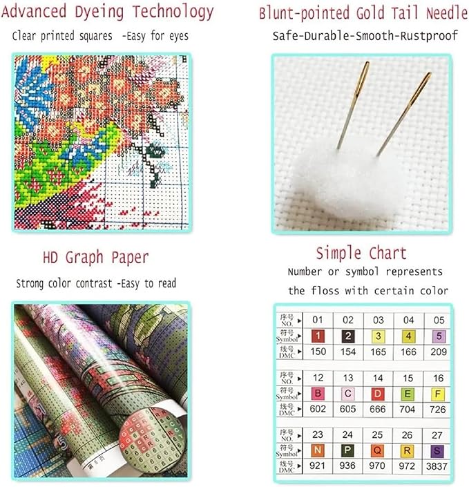 Joyhoor Stamped Cross Stitch Kits for Beginners, Needlepoint Kits for Adults, 11CT Counted Embroidery Kits-Colorful Cat 18x18 inchs