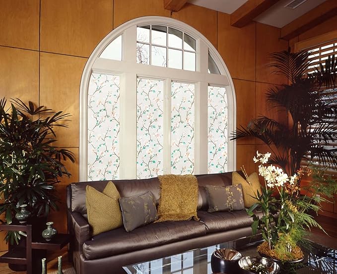 VSUDO Static Cling Decorative Window Privacy Film – Frosted Privacy Window Film with Jasmine Floral & Stained Glass Design, Adhesive-Free Tint for Home, Bathroom & Office (35.4" x 118.1")