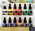 Mont Marte Acrylic Ink Premium 12pc x 20ml (0.7 US fl.oz), Acrylic Inks for Artists, Essential Colors, Ideal for Air Brush, Pouring Art, Scrapbooking, Ink Drawing, Mixed Media