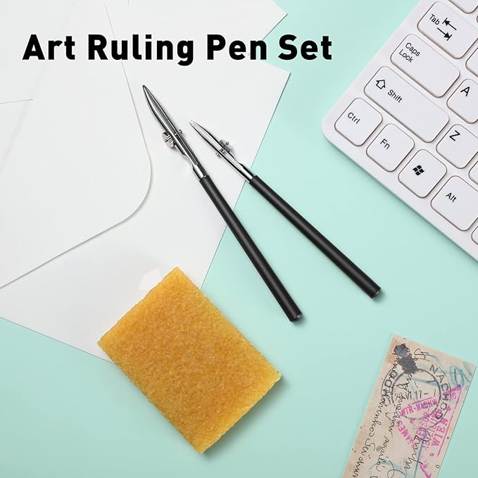 Zonon 6 Pieces Art Ruling Pen 3 Sizes Masking Fluid Pen and 50 x 35 x 5 mm Glue Residue Eraser, Ruling Ink Set for Watercolor Drawing Mounting Art Artists Supplies, No ink(Black)