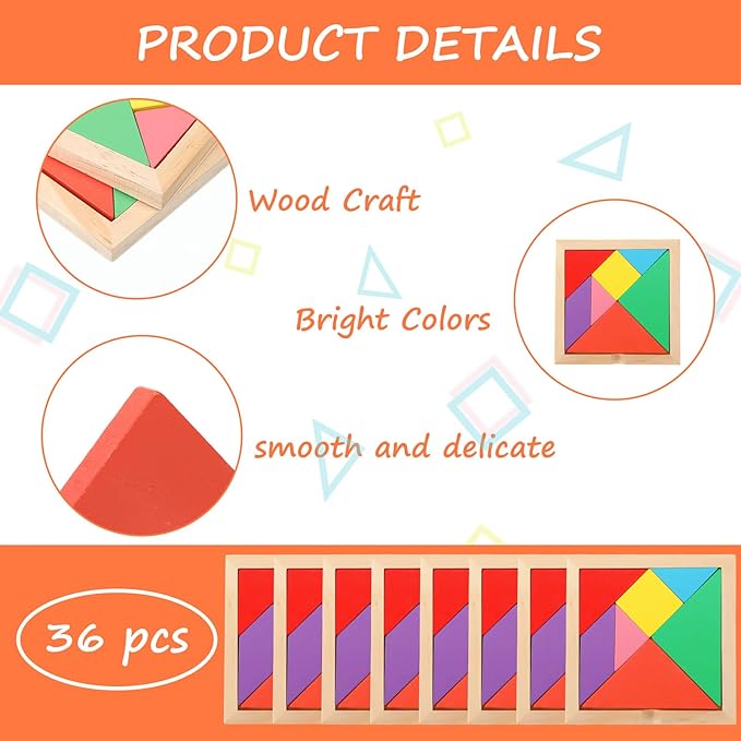 Shappy 36 Pieces Wooden Tangram Puzzles for Kids Educational Shape Puzzle Toys Geometric Pattern Brain Logic Puzzle Blocks for Students Educational Activities Back to School Gifts(Novelty Style)