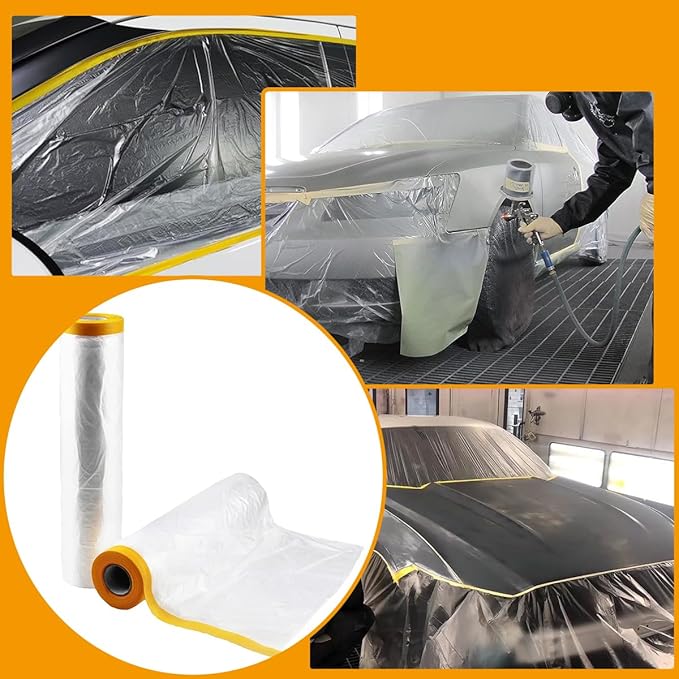 6 Pack Protective Masking Film with Tape 5 x 65 Ft Car Painters Plastic Sheeting Roll Tape and Drape Masking Film for Automotive Painting Covering Frames, Furniture, Auto Body