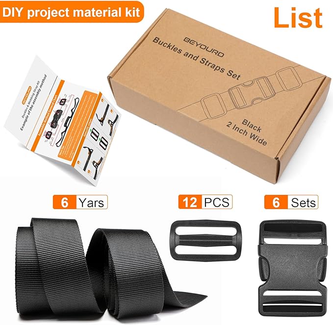 2" Heavy-Duty Buckle & Straps Set: 6-Pack Side Release Plastic Buckles, 6 Yards of Thick Nylon Webbing, 12 Tri-Glide Slide Clips, No Sewing Required (2" Combo Set)