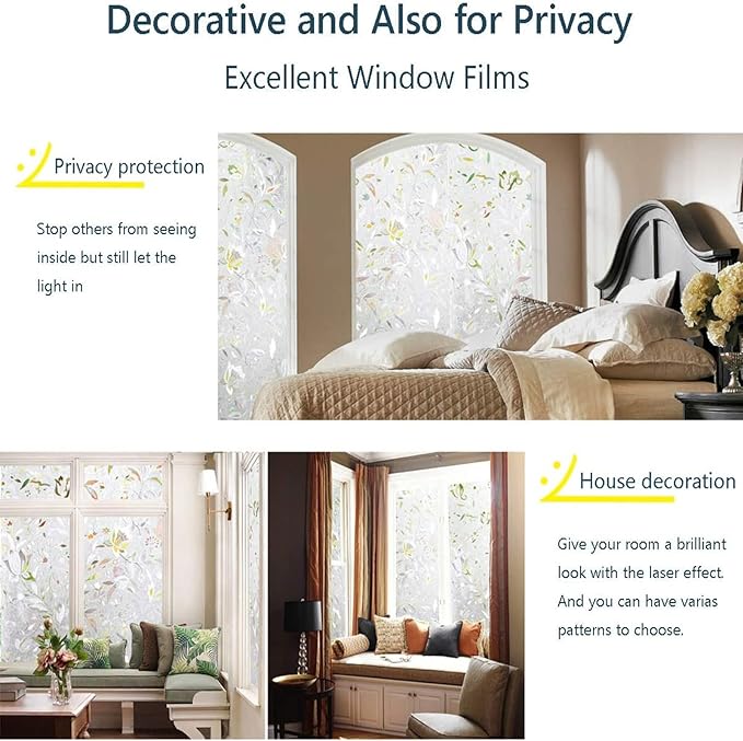 LEMON CLOUD Window Film, Decorative Window Privacy Film, 3D Stained Glass Window Sticker,Anti-UV Sun Blocker Heat Control for Home(Rainbow Tulip Design,35.4 x 118.1 inches)