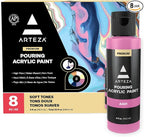 ARTEZA Acrylic Pouring Paint Set, 8 Pastel Colors, 4 oz Bottles, High-Flow Paint, No Mixing Needed, Art Supplies for Canvas, Glass, Paper, Wood, Tile, and Stones