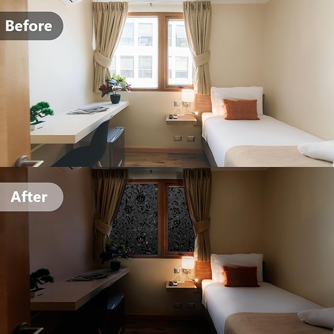 LEMON CLOUD Total Blackout Window Film Privacy Static Cling Frosted Black Window Covering 100% Opaque Film Tint Darkening Removable Film for High Privacy，(Blackout Tulip Design,35.4 x157.4 inches)