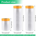 4 Pack Tape and Drape, 3 Sizes Pre-Taped Masking Film for Auto Painting Covering, 65.6 Ft/Pack Plastic Pre-Adhesived Dust Paint Protective Drop Film for Furniture, Car, Floor
