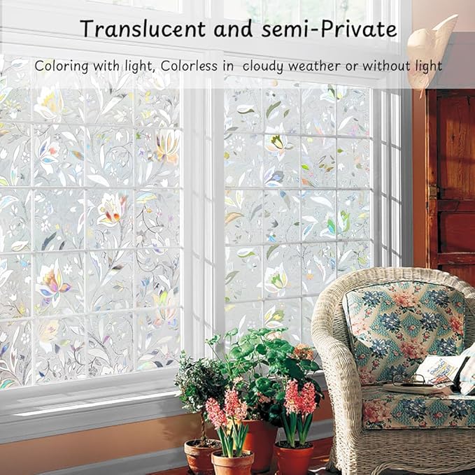 NINETREX Window Privacy Film,3D Stained Glass Window Film,Decorative Window Covering Sun Blocking Vinyl Static Cling Anti-UV Heat Control for Home Decor,Tulip 23.6 x 78.7inch