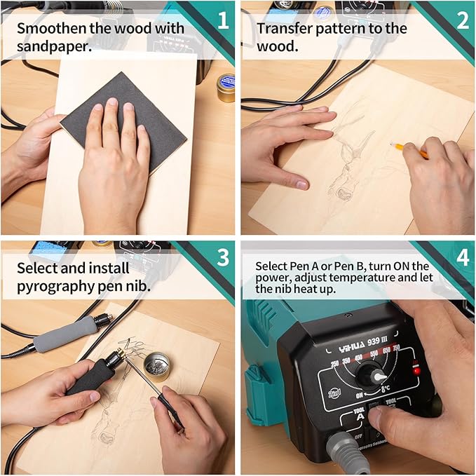 YIHUA 939 III Dual Pen Pyrography Station 2-in-1 Wood-Burning Tool with Two Wood-Burning pens 250-750°C Temperature Adjustable 20 Detailer nibs and 7 Essential Accessories and Tools Included