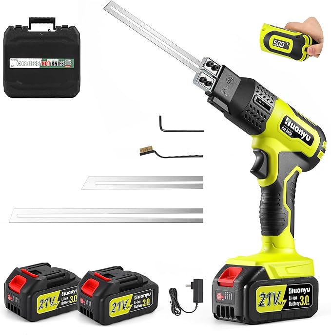 Huanyu Cordless Hot Knife with Temperature Display 100W Max 500℃ 3.0Ah Battery Powered Air Cooling Cutting Tool 2 Blades 4"+6" Set Electric Hot Knife for Styrofoam, Rope, Fabric, Acrylic
