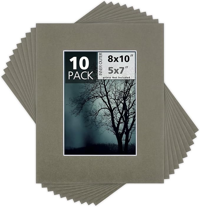 Mat Board Center, Pack of 10, 8x10 for 5x7 Gray Color Mats - Bevel Cut, Acid Free, 4-ply Thickness, White Core - for Pictures, Photos, Framing