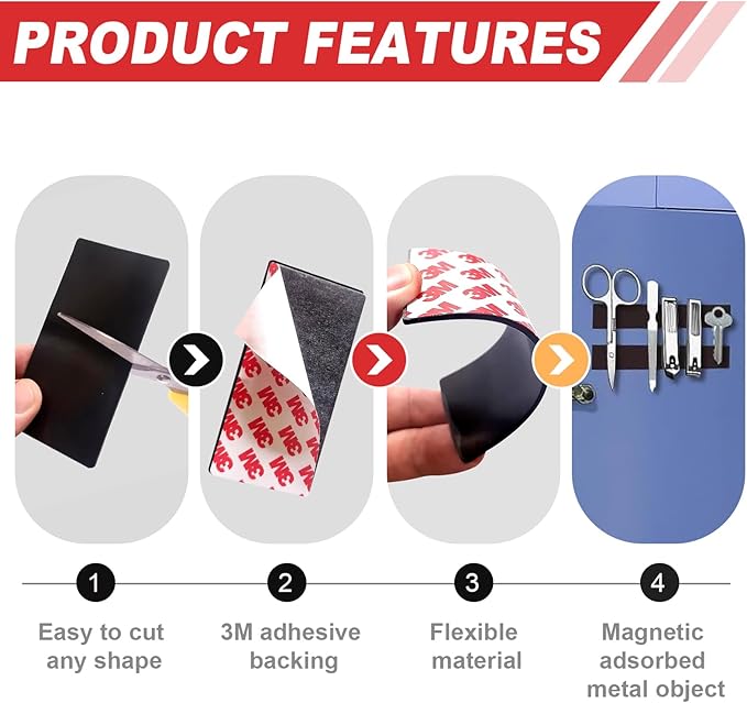 Thaibear Magnetic Strip, Flexible Magnetic Strips with Adhesive Backing (42 Pack, 3" x 1") Strong Adhesive Magnetic Tape for DIY, Crafts, Fridge - Sticky Magnet Tape Strip for Wall