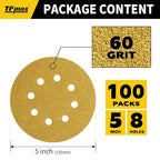 100PCS 5 Inch 60 Grit 125mm 8 Hole Sanding Discs Sandpaper - Premium Gold Round Hook and Loop for Random Orbital Sander - Ideal for Wood, Metal, Automotive