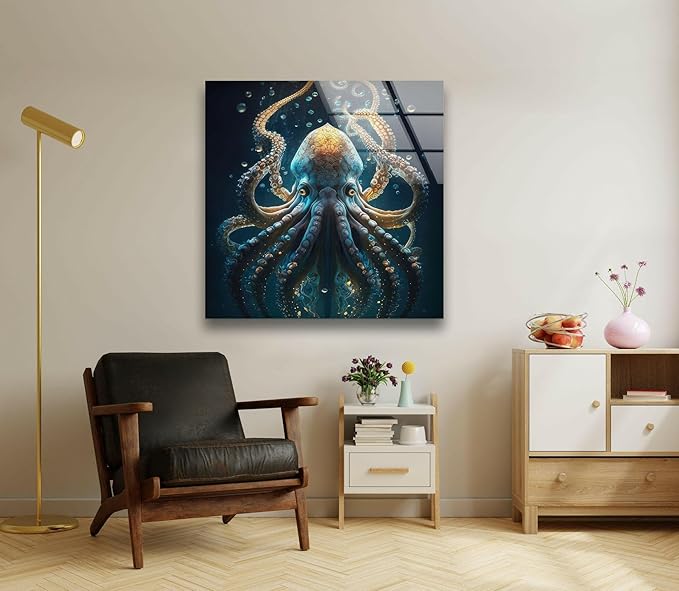 My Photostation.com 30Wx35.5H'' Underwater Blue Octopus Glass Wall Art Tempered Glass Printing Wall Decor Large Wall Art Wall Hangings