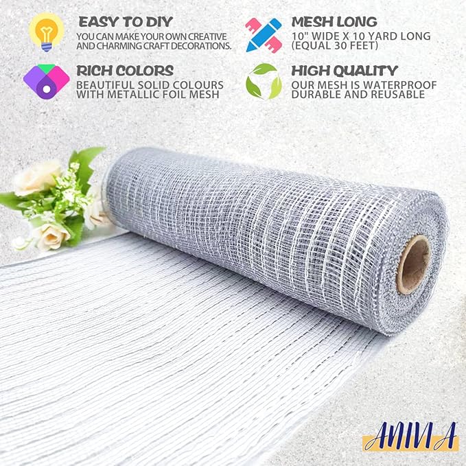 Anivia Deco Mesh Ribbon, 10inch x 30 Feet Each Roll Metallic Foil Mesh Ribbon for Wreaths Swags, Holloween, and Christmas Tree Decoration (Silver/Silver Foil)