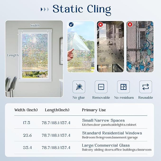 Haton Window Privacy Film, Rainbow Stained Glass Window Clings, 3D Decorative UV Sun Blocking Sticker, Removable Static Cling Heat Control Tint for Home Door, 17.5" x 157.4" Non-Adhesive