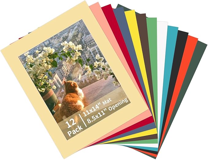 ZBEIVAN 12 Packs Mixed Colors 11x14 Picture Frame Mats for 8.5x11 Photos, Artworks and Prints, White Core Bevel Cut Frame Mattes
