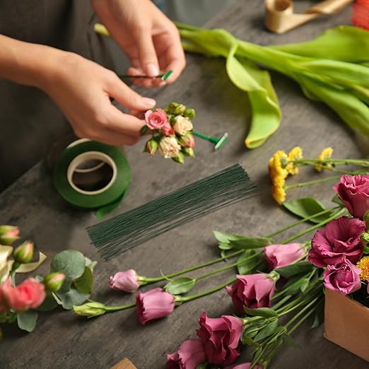 PATIKIL 18 Gauge 16" Floral Stem Wire, 100 Pcs Paper Wrapped Iron Artificial Flower Stem Accessories for DIY Bouquet Stem and Craft Decoration, Dark Green