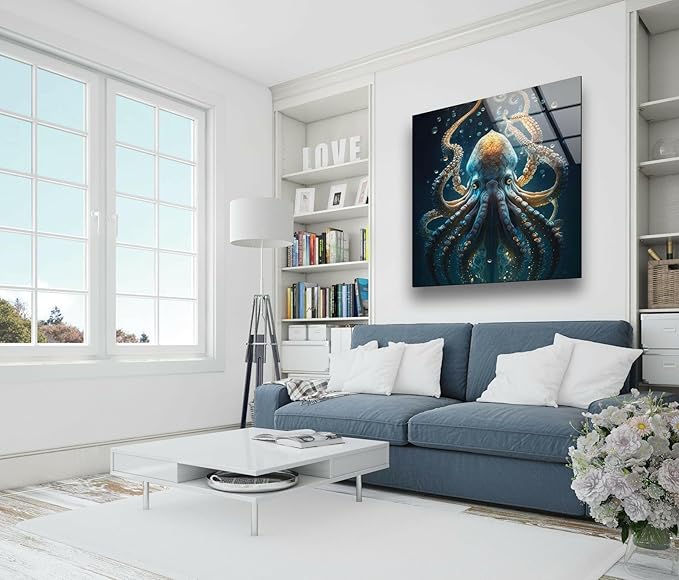 My Photostation.com 18Wx28H'' Underwater Blue Octopus Glass Wall Art Tempered Glass Printing Wall Decor Large Wall Art Wall Hangings