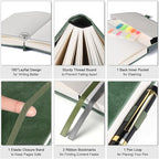 Lined Journal Notebook, Large A5 College Ruled Notebook, 312 Numbered Pages Work Notebook with Index Stickers, 100gsm Thick Paper, Hardcover Vegan Leather Journal for Women Men School Office, Green