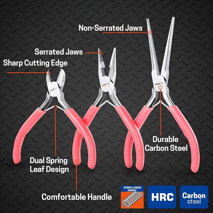 3 PCS Mini Pliers Set, Pink Jewelry Pliers Kit with Needle Nose, Diagonal and Long Nose, Small Plier Tool for Jewelry Making, DIY Crafts, Beading and Electronic Repair
