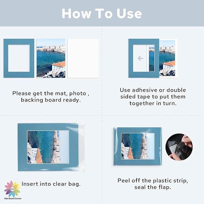 Mat Board Center, Pack of 50, 11x14 for 8x10 Mix Color Mat Kit - Acid Free, 4-ply Thickness, White Core - Includes Backing Boards and Clear Bags - for Pictures, Photos, Framing