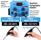 YIHUA 939D-II Pyrography Pen Wood Burning Kit Station 2-in-1 Solid-Point 200~480°C (with Temp Display)/Wire-Nib 250~750°C with 20 Nibs, Solid Points, 1 Stable Pen Holder, 2 Scrap Wood (Blue)