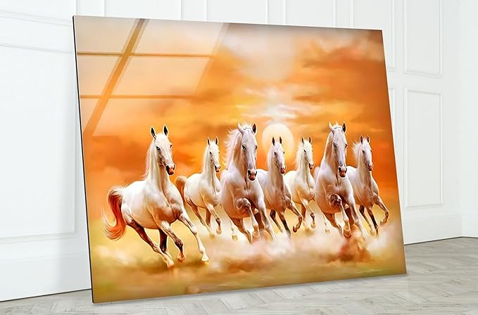 My Photostation.com 30Wx24H'' White Horses Running on Sunset Glass Wall ArtTempered Glass Printing Wall Decor Large Wall Art Wall Hangings