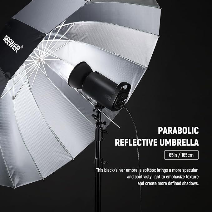 NEEWER 65"/165cm Parabolic Reflective Umbrella Photography with Silver Inner, Soft Lighting with Diffuser Cover, Bag, Quick Fold for Camera Photo Studio Video Light Shooting Monolight Flash, NS3U