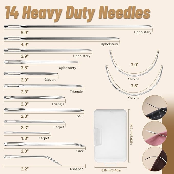 IMZAY Upholstery Repair Kit, Waxed Sewing Thread (12Colors), Heavy Duty Needles(14 PCS), 264 Yards Strong Sewing Thread with Thimbles for Canvas, Leather Sewing