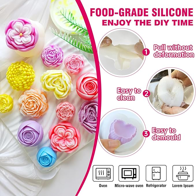 6PCS Flower Silicone Molds Set,3D Rose Flower Silicone Fondant Mold Valentine Day Silicone for Candle Making Molds Cake Mold for Chocolate Candy Pastry Dessert Resin Craft