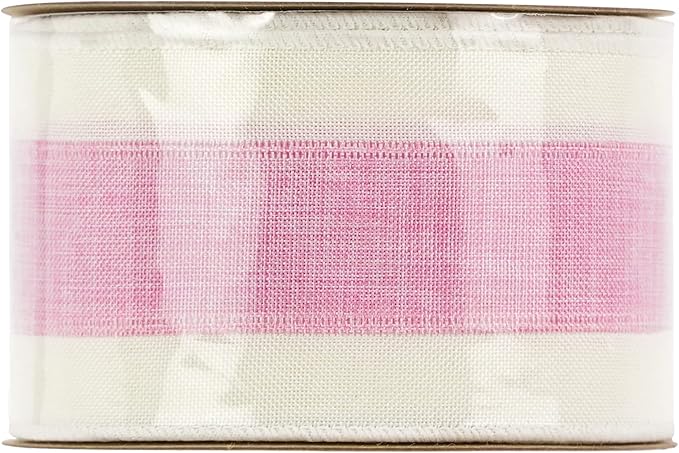 MEEDEE Pink White Stripe Wired Burlap Ribbon with Ivory Stripes Edge - 2.5 Inch, Light Pink (10 Yards) for Wreaths, Garland, Lantern, Mailbox Topper Bow